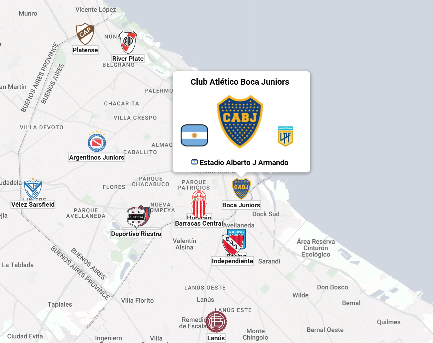 Mapagoal view of Buenos Aires with Boca Juniors selected