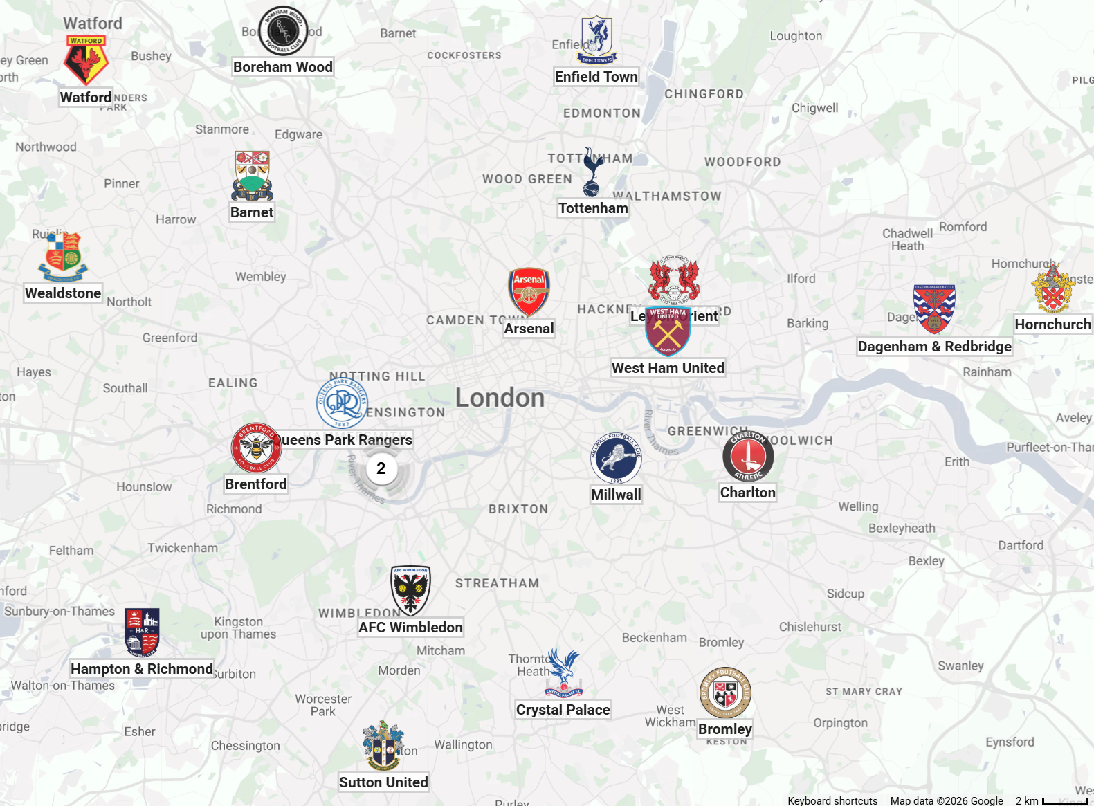 Mapagoal view of football clubs across London